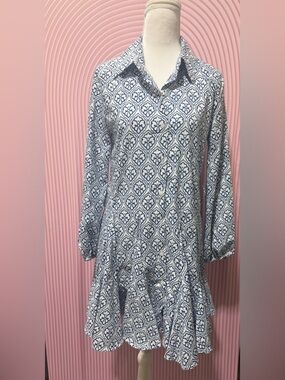 Source Unknown White and Navy Patterned Mini Dress